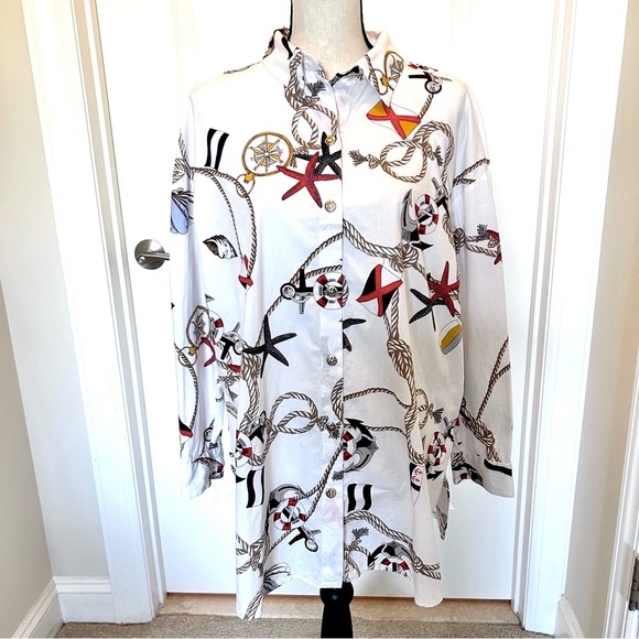 Zara White and Red Casual Button Down Shirt Dress Nautical Print SZ L - Picture 1 of 7